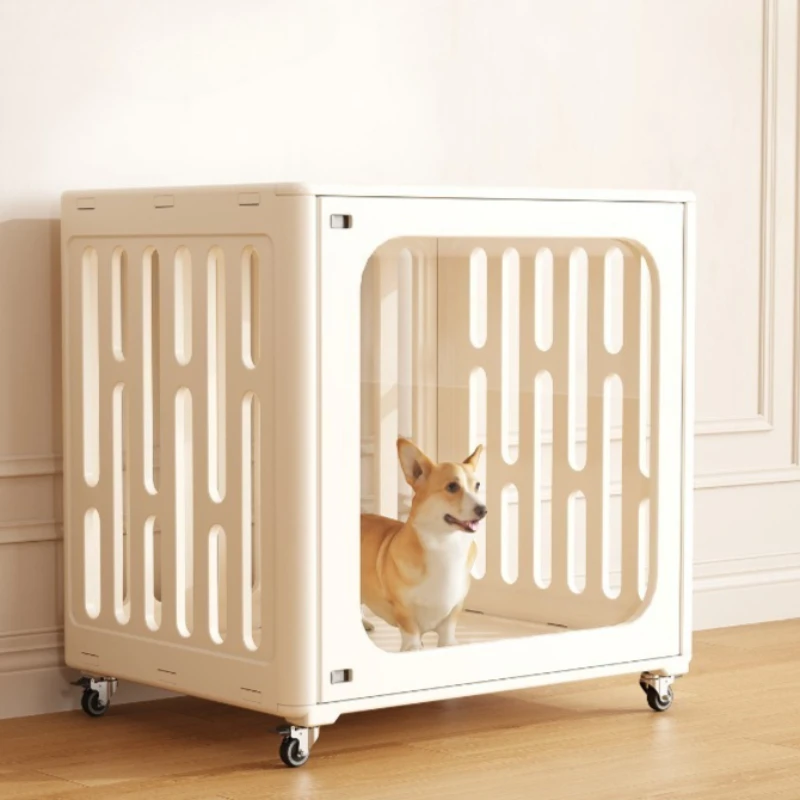 

Movable Plastic Dog Cage with Wheels Indoor Detachable Dog Crate Kennel Breathable Transparent Small Medium Dogs Playpen House