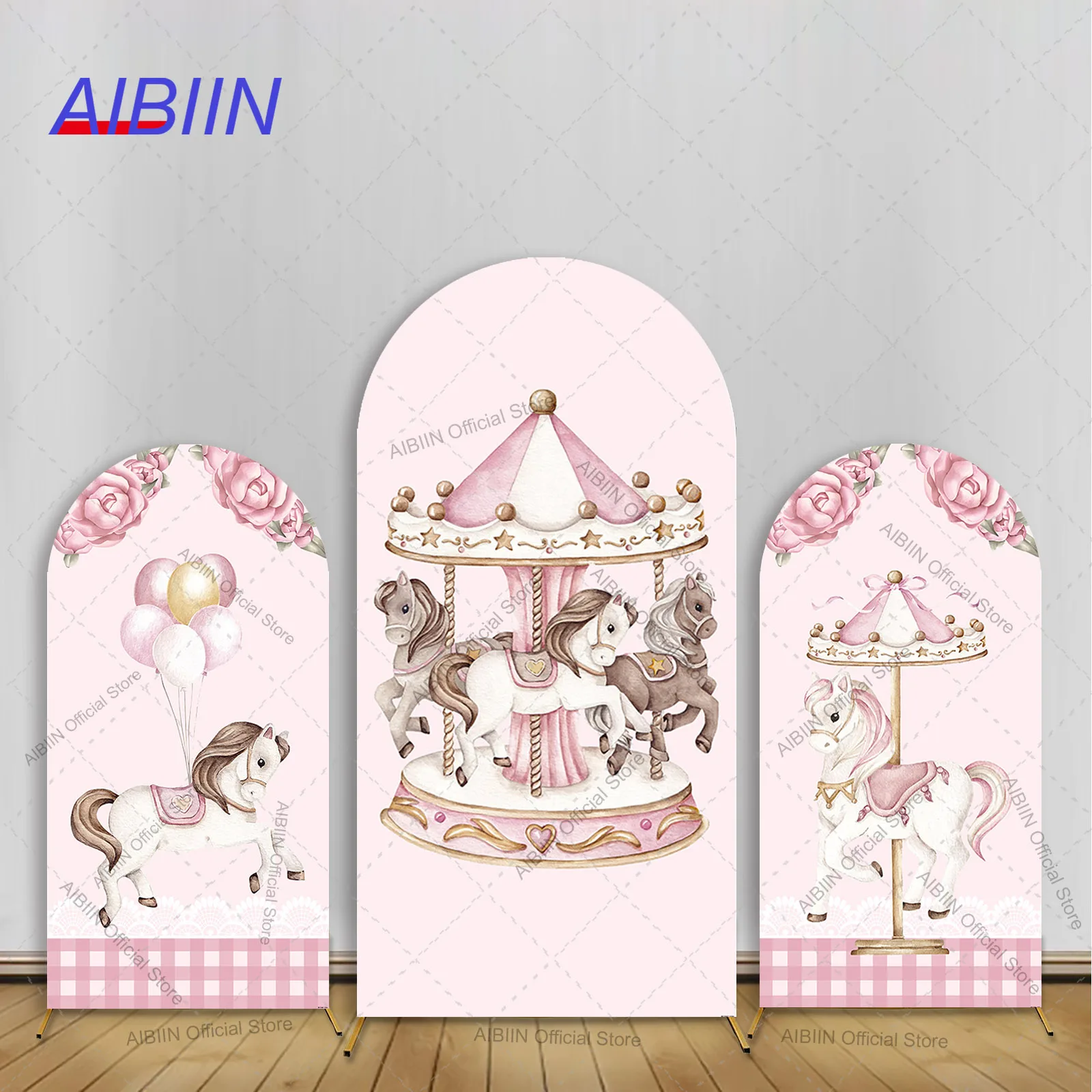Carrousel rose pour arc de réception-cadeau pour bébé, couverture d'arrière-plan, grille de ballons joyeux, décor Floral de fête d'anniversaire pour fille, arrière-plan de gâteau Smash
