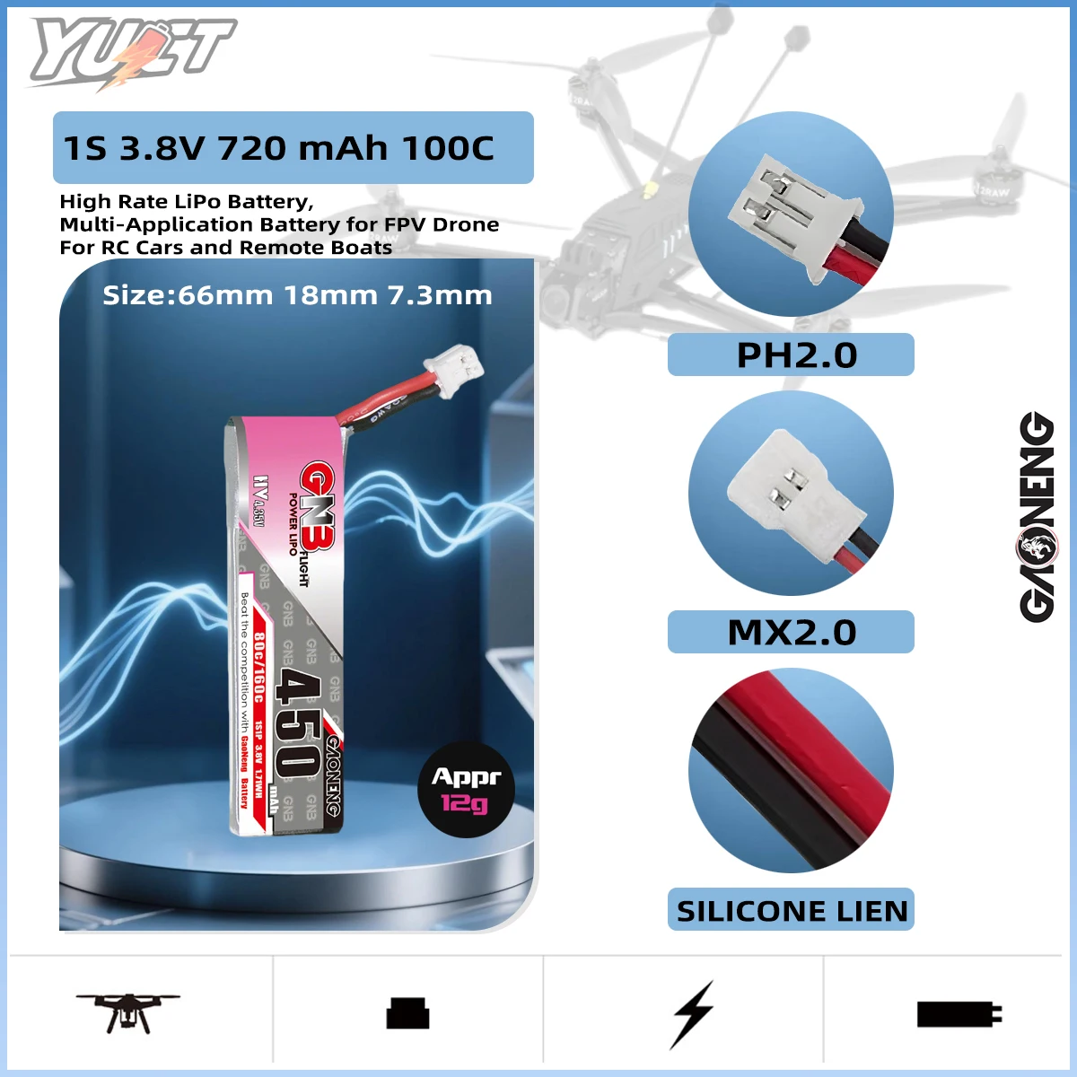 

YUCT GAONENG GNB 1S LiPo Battery LIHV 3.8V PH2.0 80C/Max 160C For FPV Drone Quadcopter 3.7V Lithium Battery for Tiny Whoop