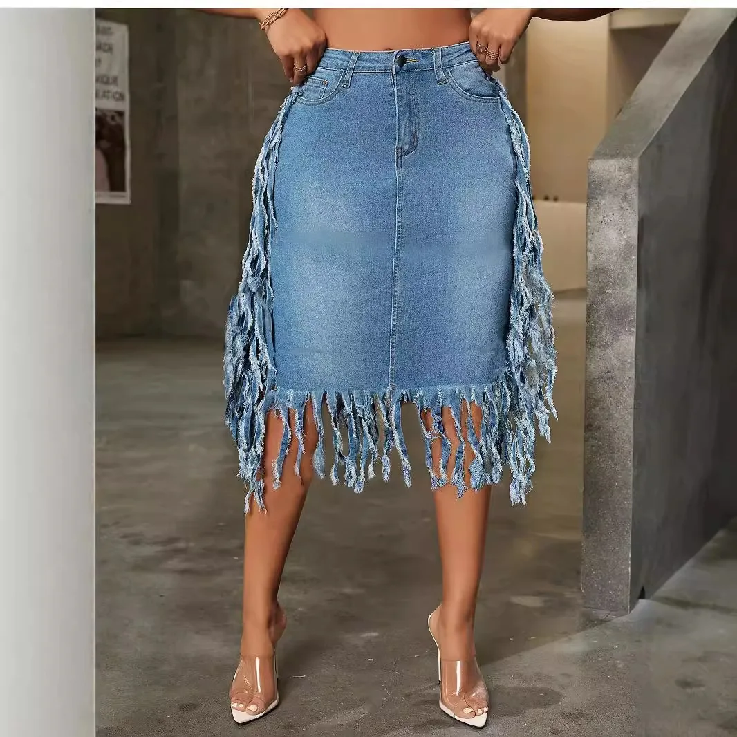 

Women's Elegant Blue High Waist Tassel Denim Skirt 2026 Spring Summer New Arrival Fashion Loose Versatile Slim A-Line Midi Skirt