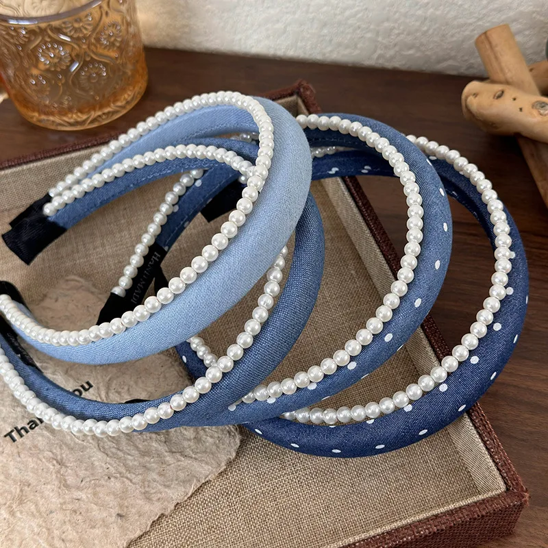 Retro Denim Blue Pearl Double Layer Headband Girl Exquisite Hair Hoop Womans Temperament Hair Band Lady Fashion Hair Accessories