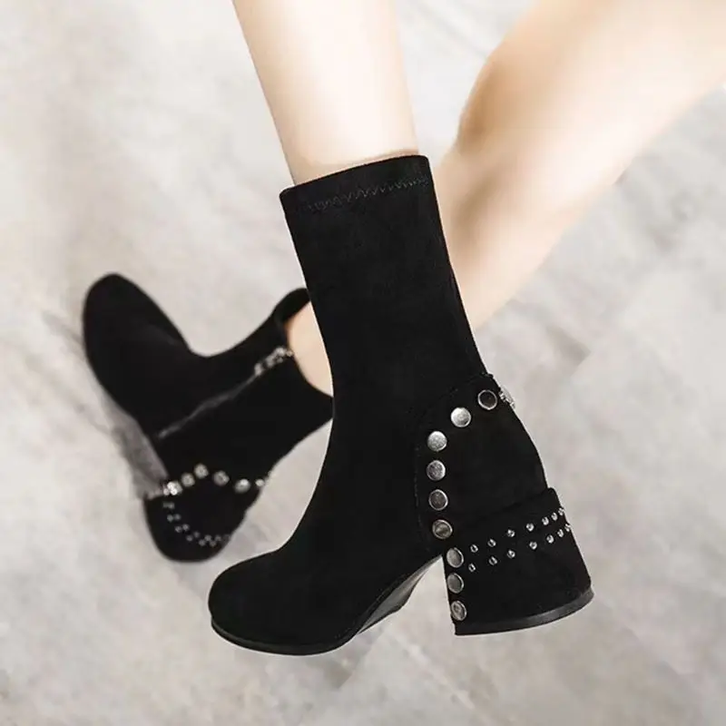 Shoes for Woman Half High Heels Women\'s Boots Studded Footwear Elegant Heeled Elastic Black Mid Calf Fashion 2024 Winter Novelty