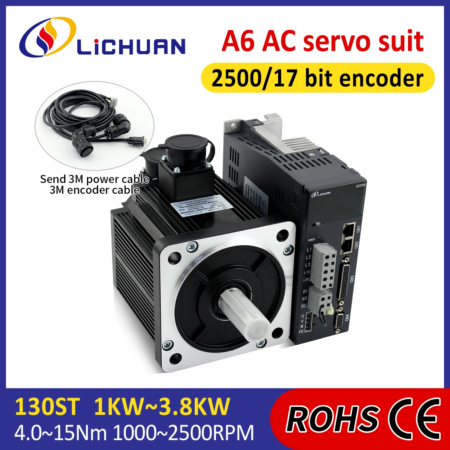 Lichuan A6 4~13.5A 220V 1000~3800W ServoMotor Controller Kit 1000/1500/2000/2500rpm 4/5/6/7.7/10/15N.m AC ServoMotor Drivers Kit