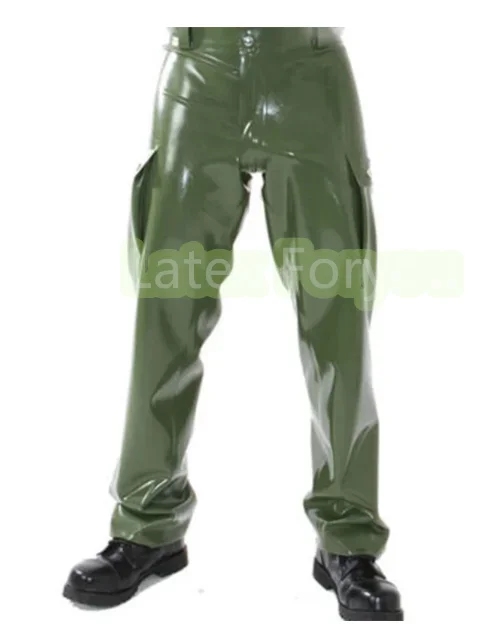 Handmade Natural Latex Gummi Pants Army Green Rubber Men's Side Pocket Front Zipper Customized 0.4mm Cosplay Costumes