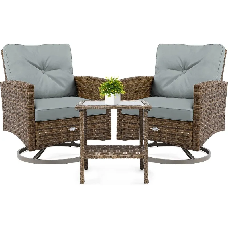 YITAHOME 3-Piece Patio Outdoor Wicker Bistro Rocking Furniture Conversation Chairs for Garden, Backyard and Balcony