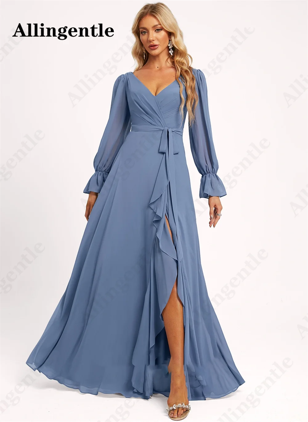 Allingentle-V-Neck Full Sleeve Vestidos de dama de honra, Chiffon A Line Evening Gown, Ruffles Slit, Floor Length, Elegant Wedding Dress