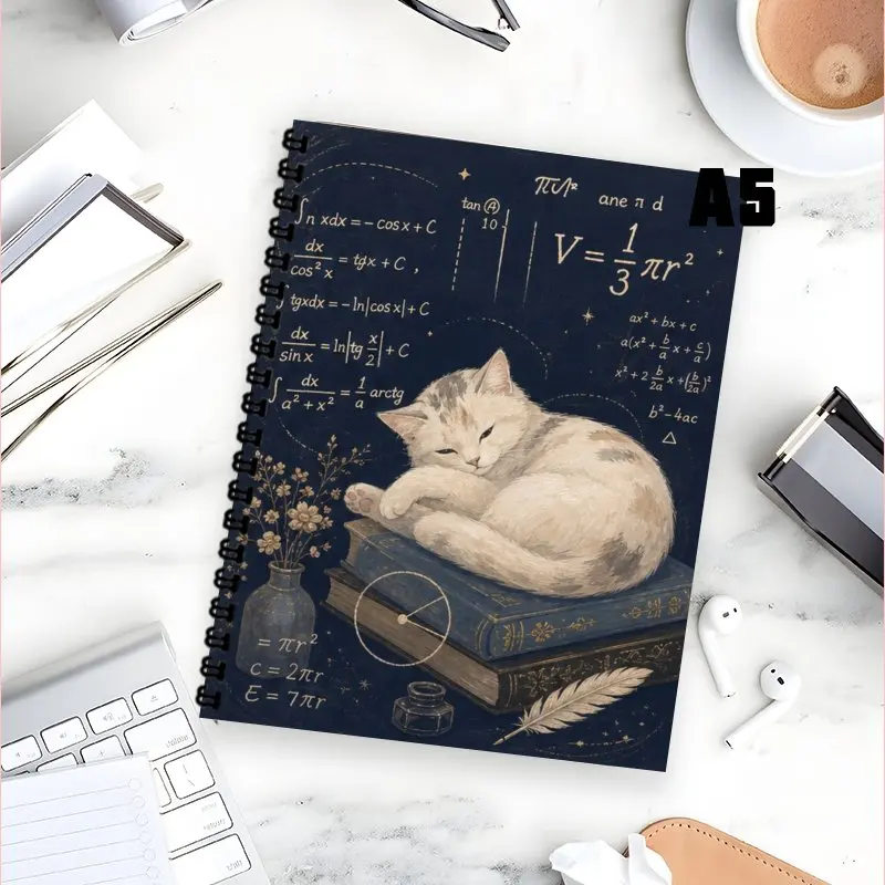 A5 Spiral Notebook, Vintage Cute Cat Math Formula Pattern Composition Notebook for Work, Meeting Notes, To Do List & Journaling