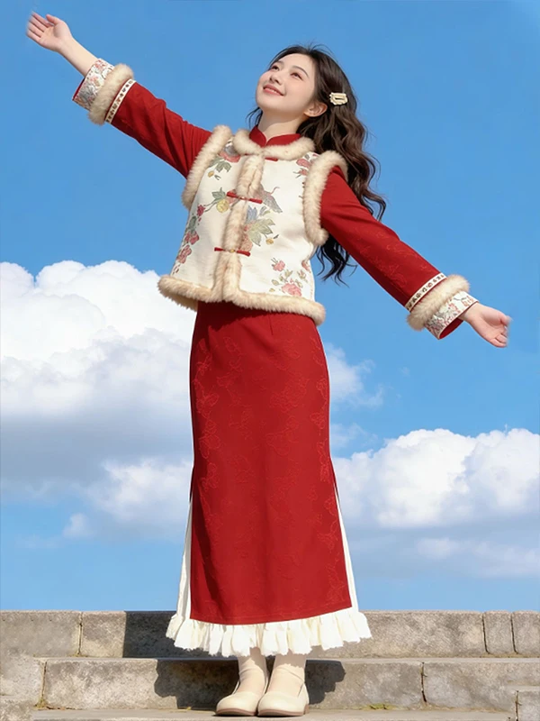 

New Chinese Sle Gentle Ele Winter Faion Set ort Coat Skirt Warm Thiened Cotton Stand Collar Two-Piece Suit