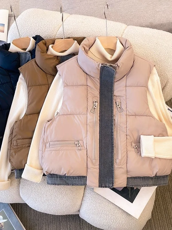 

plus Size Denim Patchwork down Cotton Vest Women's Winter Faionable Layered Warm Jaet Vest Fem Faion Outerwear