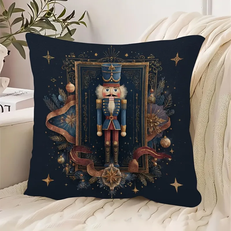 Double-Sided Vintage Christmas Nutcracker Penguin Printed Pillow Cover Elegant Navy Blue Gold Cushion Case for Sofa Decor
