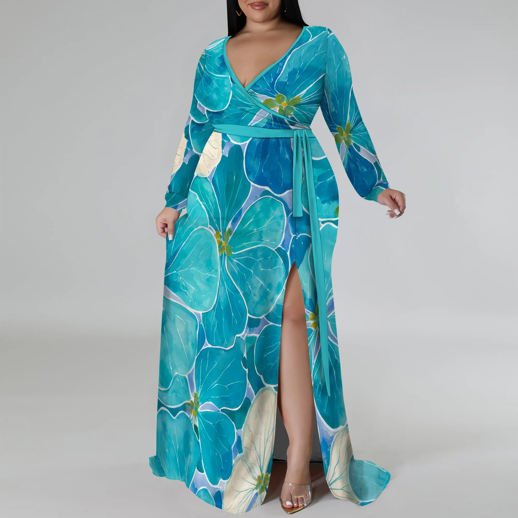 Nupusa Blue Floral Print Dress for Women Plus Size Casual V Neck Long Sleeve Belted Split Maxi Dress