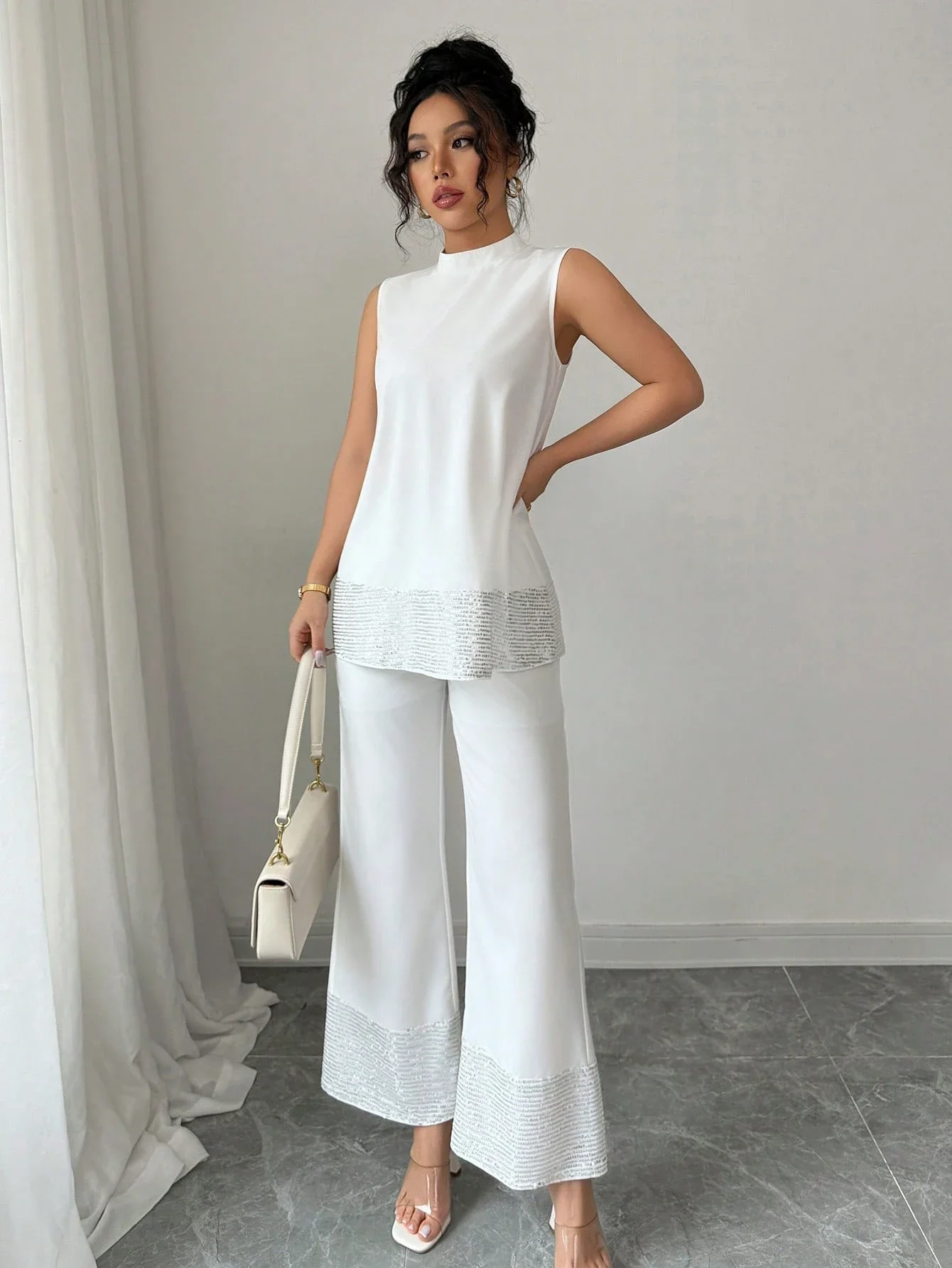 

Sleeveless Stand Collar Sequin Patchwork Top And Wide Leg Pants Set