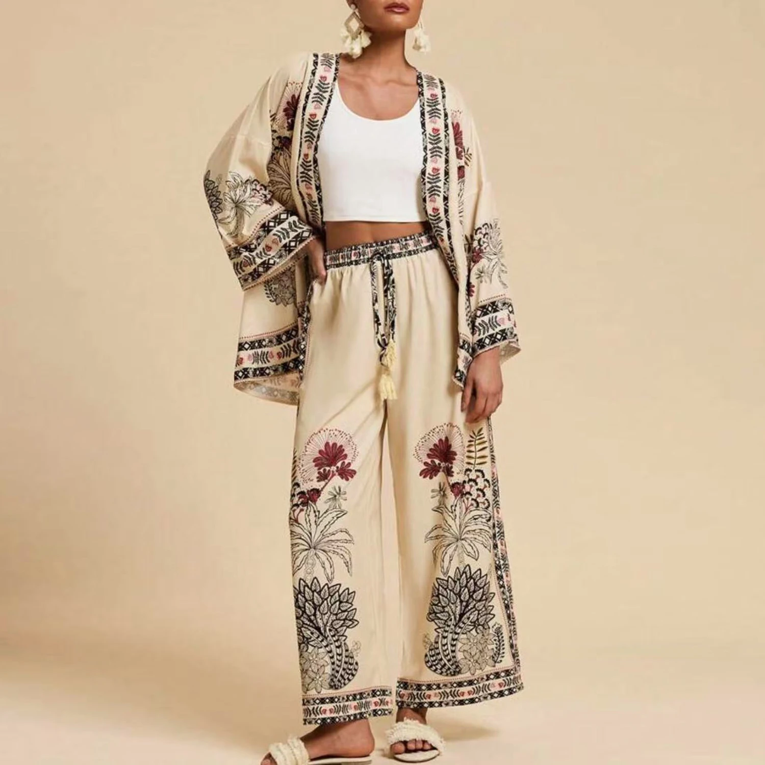 Women Cardigan Floral Print Fashion Casual Holiday Spring Summer Pant Suit