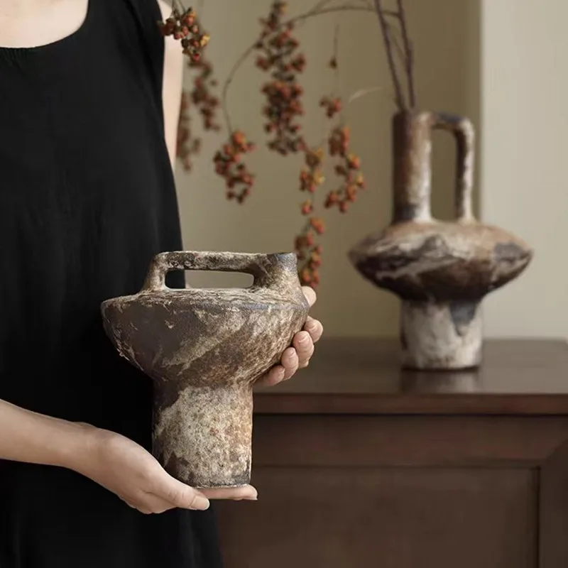 Ceramic Vase Coarse Ceramic Vase Flower Arrangement Retro Handmade Wabi Sabi Style Dry Flowers Zen Flower Arrangement