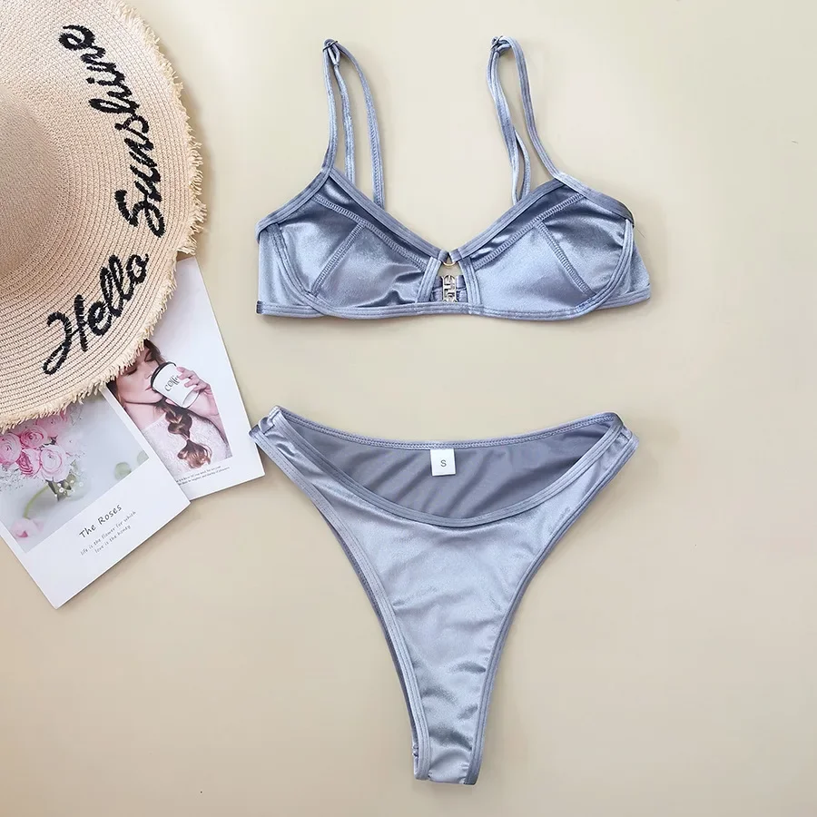 

2024 Solid Color Shiny Bikini Set Women's Clothing Swimsuit Golden Velvet Fabric Summer Beach Vacation Outfits Bathing Suit