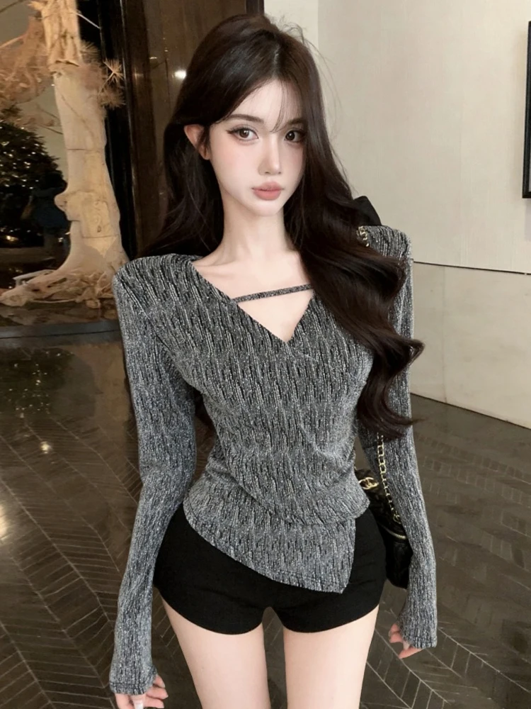 Sparkling Diamond Heavy Work Sexy V-Neck Irregular T-Shirt Waist-Cinching Trendy Top for Young Women Autumn Fashion