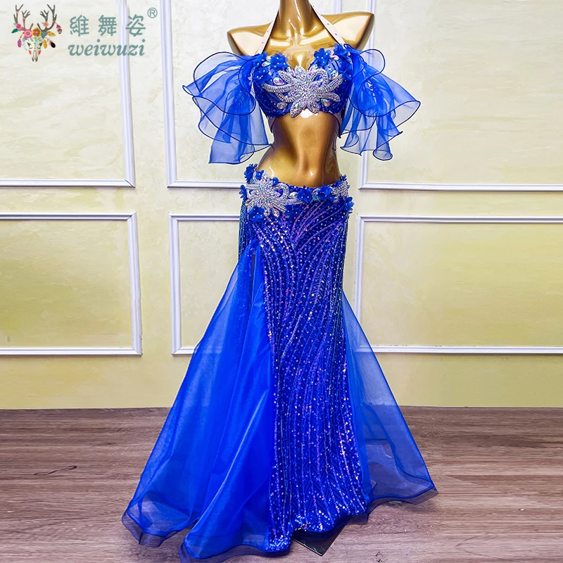 الرقص الشرقي المنافسة زي مشرق الماس الصدرية + حجر الراين سبليت تنورة طويلة 2 قطعة أزياء مسرحية الرقص الشرقي النساء #1