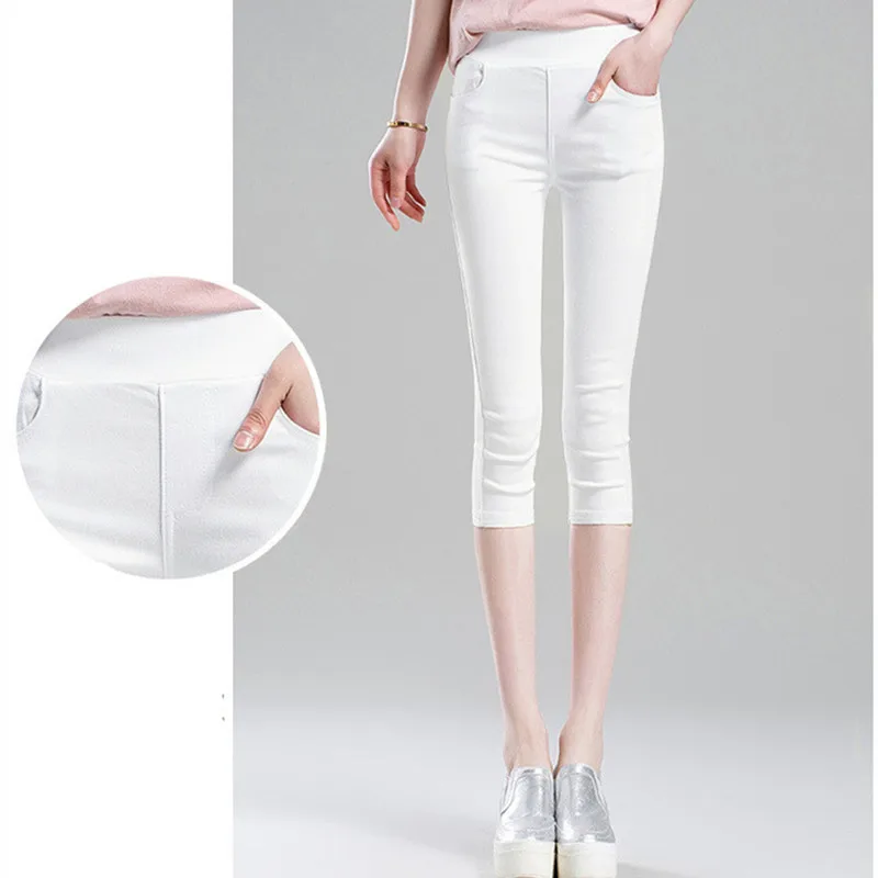 Large Size Breeches Women Summer Black White Leggings Cotton Skinny Stretch Trousers Casual Knee Length Capris Pants 5XL 6XL