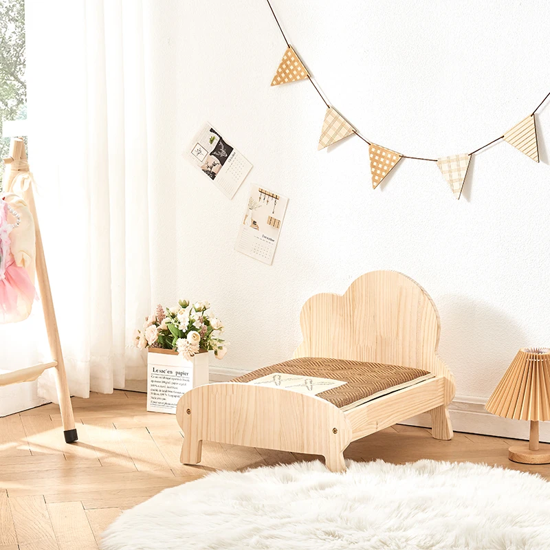 

Solid Pine Wood Cat Bed Modern Classic French Outlet Design Animal Pattern Plush Foam Velvet For Cats Dogs All Pet Furniture