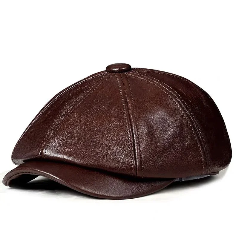 New 2024 Genuine Leather Hat Cap Cowhide Beret Warm Cotton Men Padding Brand Brown/Black Duck Hat