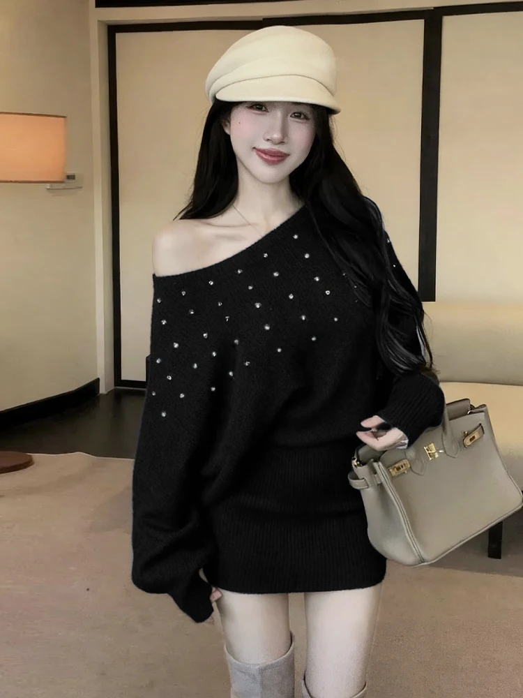  Knitted One-Shoulder Dress Sexy Spicy Girl Waist-Cinching Bodycon Skirt Long Sleeve Pure Desire Style H-Shape Dress