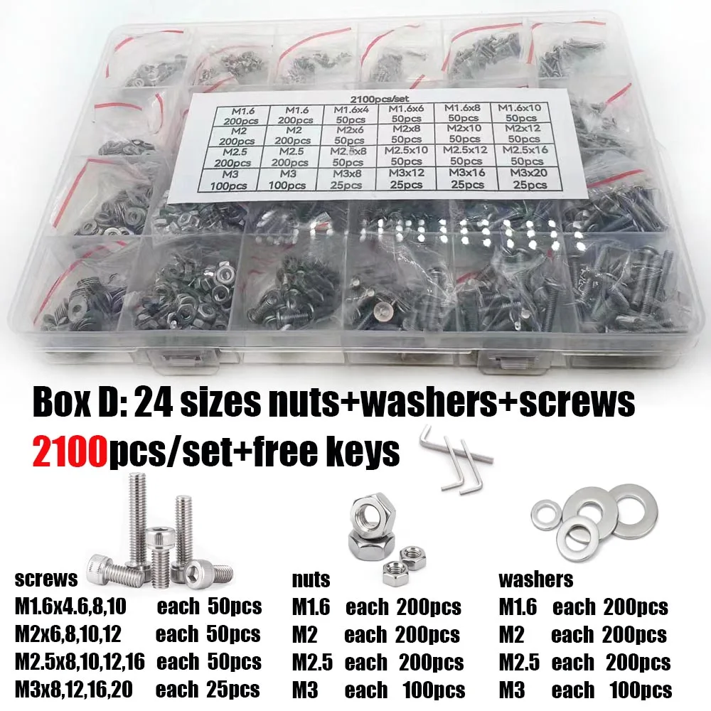 400/2100pcs M1.6 M2 M2.5 M3 M4 M5 DIN912 304 Stainless Steel Hexagon Hex Socket Cap Head Screw Bolt Nut Set Assortment Kit Box