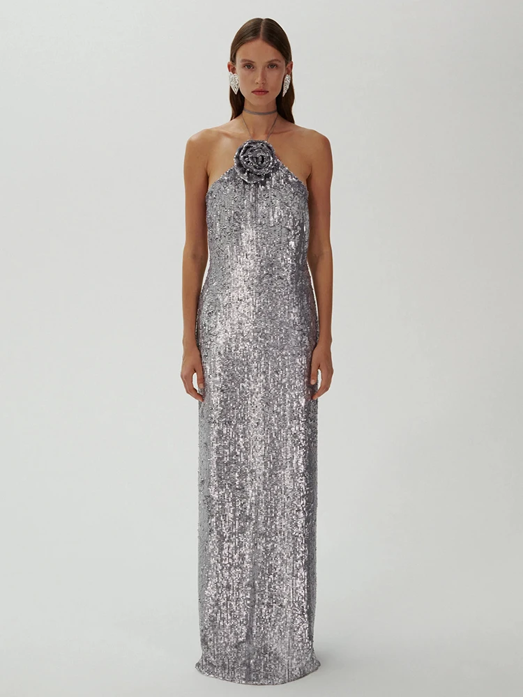 

Silver Sequin 3D Flower Halter Long Dress – Floral Appliqué Evening Holiday Party Banquets Formal Celebrations Gown for Women