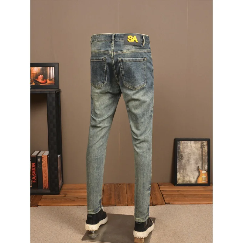 New Retro Jeans Men'S Fashion Brand Elastic Slim Fit Luxury High End Patch Embroidered Water Washed Casual Denim Pants