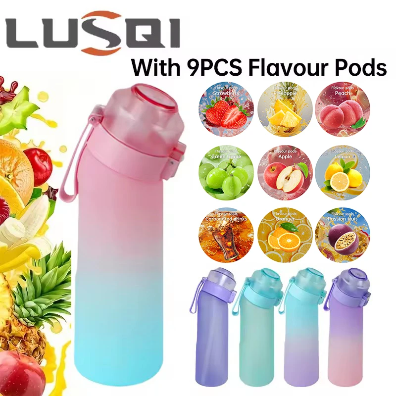 LUSQI 650ML Air Flavored Water Bottle With 9 Flavor Rings Sports Water Bottle Fashion Straw Plastic Cup