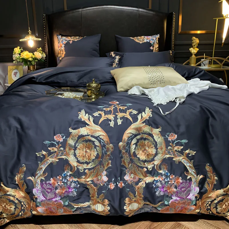 Luxury Egyptian Cotton Navy Blue Bedding set Premium Embroidery US Queen King size 4/6PCS Duvet cover Bed Sheet Pillow shams