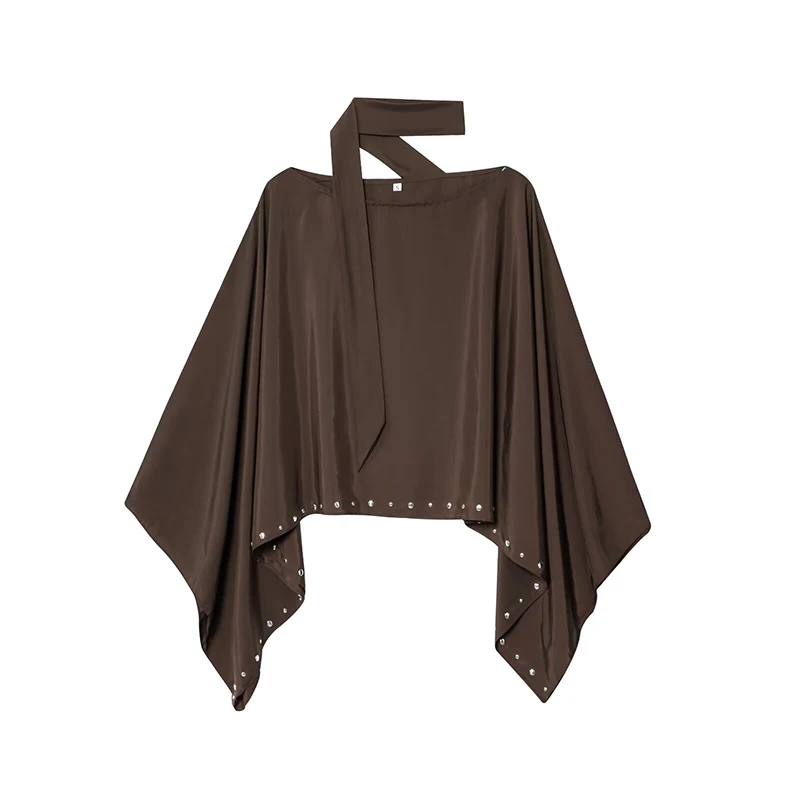 

RAFZNB Women's Fashion Rivet Decoration Cloak Coats O-Neck Wide Sleeve Loose Capes Jackets Female Outerwear Chic Tops