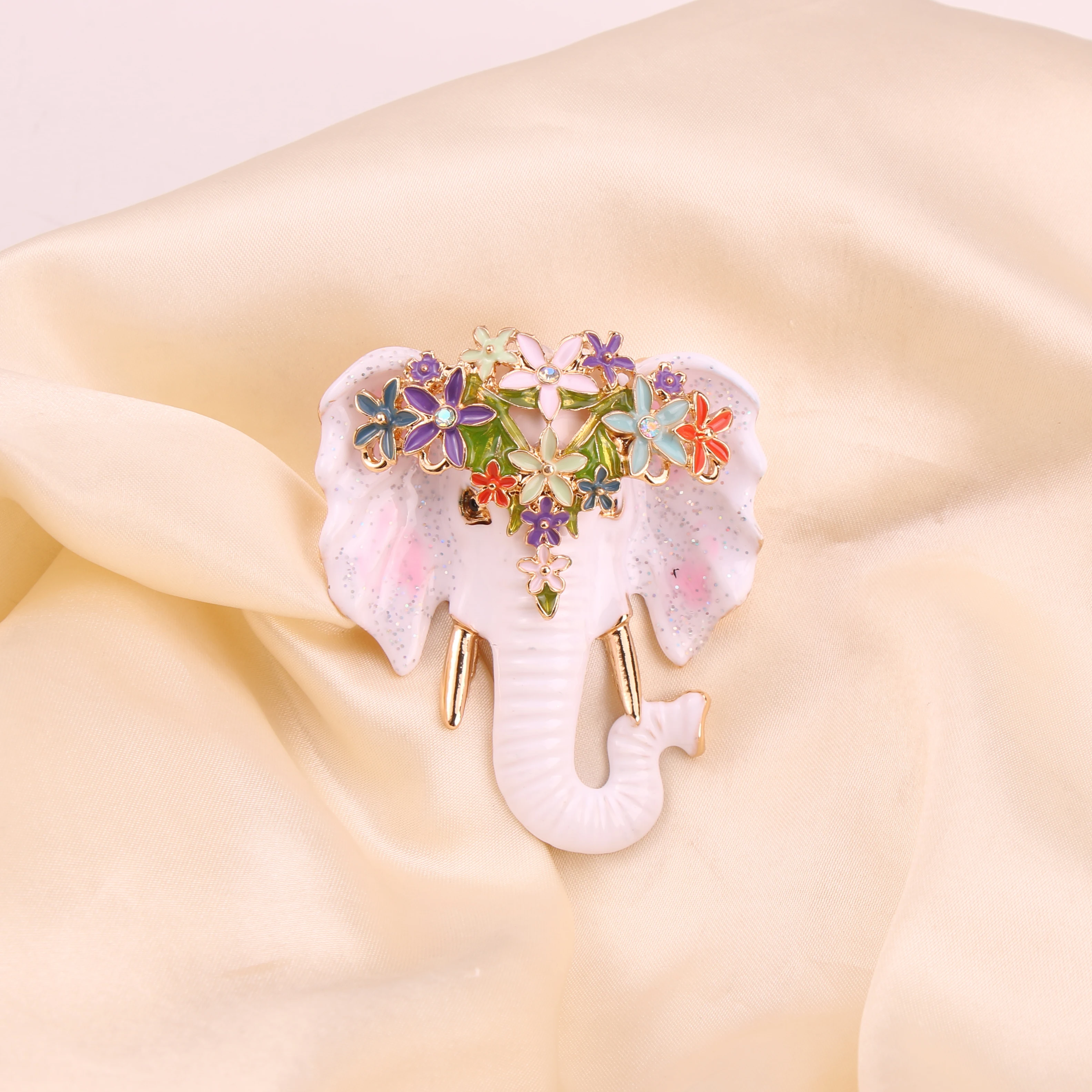 Cute Enamel Color Multicolor Small Flower Elephant Brooch Noble White Pin Accessory