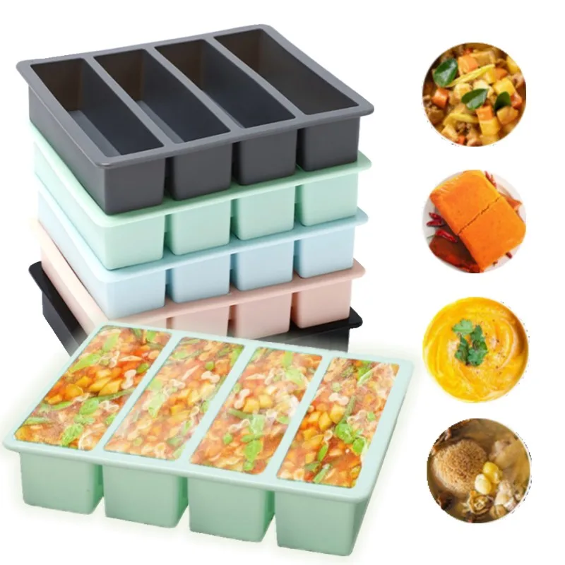 4 Cubes Giant Storage For Food Meal Sauce With Lid Silicone Freezer Trays Extra Large Soup Ice Tray Food Freezing Molds