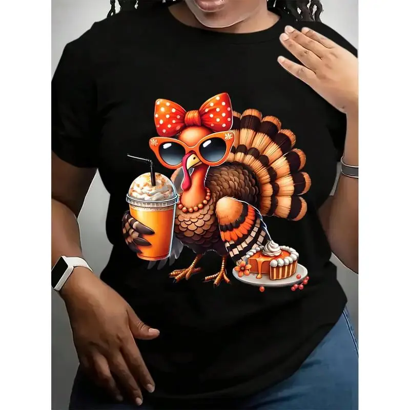 

Women's Crew Neck T-Shirt White Thanksgiving Turkey With Sunglasses And Pumpkin Pie Print For Festive Season