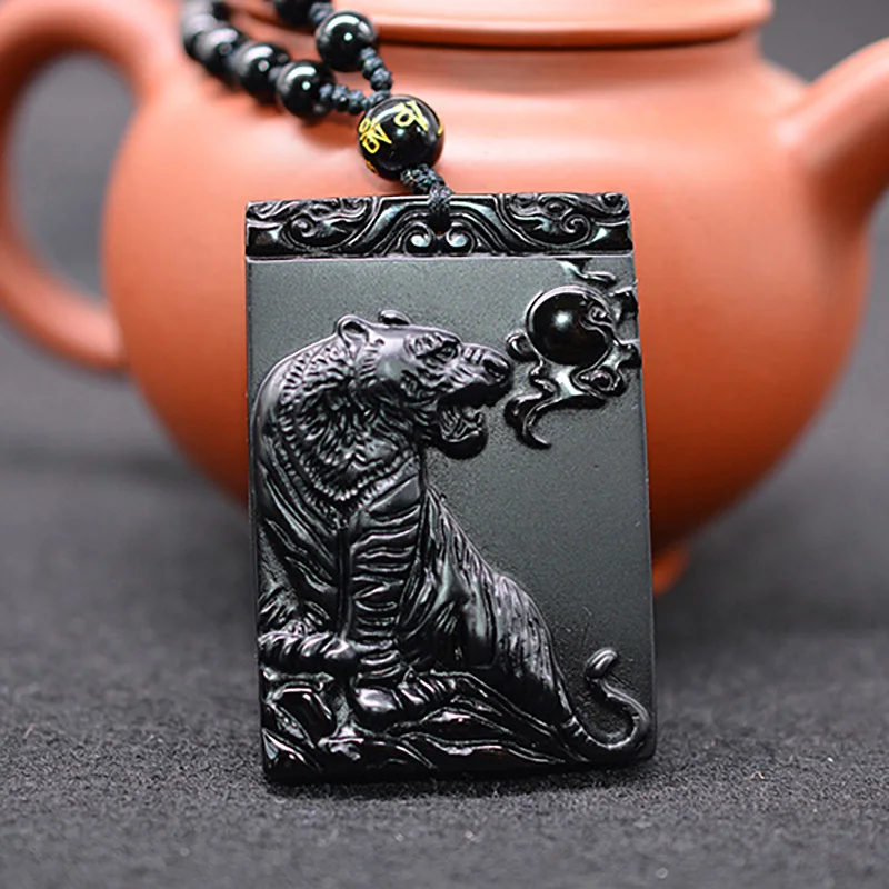 Natural Black Obsidian Mountain Tiger Pendant With Beads Necklace Black Jade Jewelry
