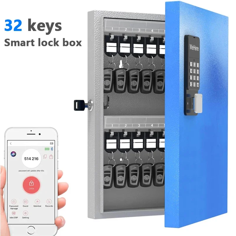 WeHere 32 Key Lock Box, Intelligent Wall Mounted Key Storage Cabinet,OTP/APP Bluetooth/fixed Code Unlocking Key Management Safe