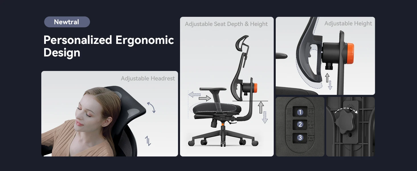 NEWTRAL MagicH-BP Ergonomischer Stuhl mit Fußstütze, automatisch ausgestellte Rückenlehne, adaptive Unterrückenstütze, verstellbare Armlehne, Kopfstütze – Detail 10