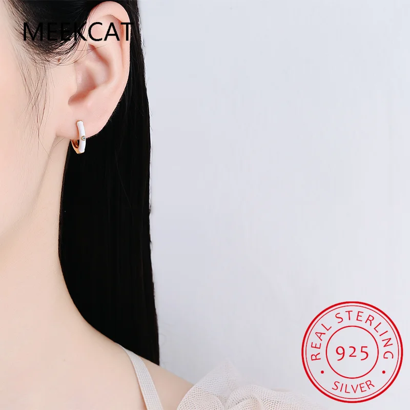 925 Sterling Silver White/Black Enamel Hoop Earrings For Women Clear Zircon Piercing Pendientes Ohrringe Earring Jewelry