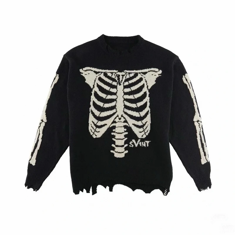 Saint Black Loose Skeleton Skulls Jacquard Hole Damaged Knitt Sweater Men Women High Quality 1:1 Vintage Knitt Sweater Pullovers