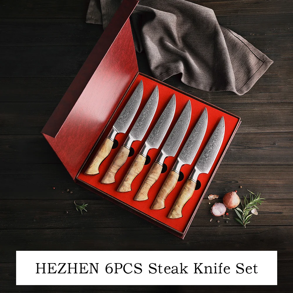 HEZHEN 6PCS Steak Knife Set 67 Layers Damascus Steel Gift Box Set Kitchen Chef Sycamore Wood Handle Cutting Meat Table Knife