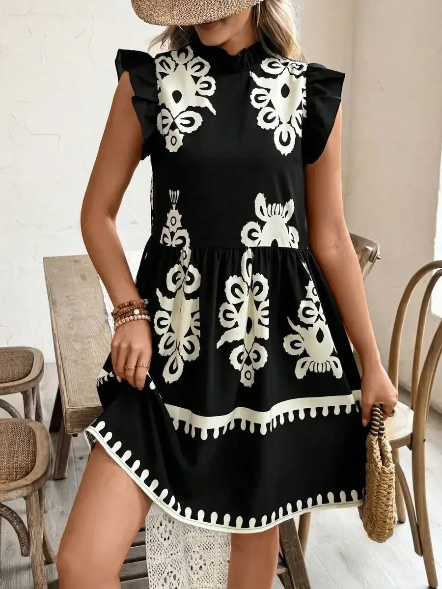 

Printed Ruffle Collar Flare Sleeve Loose Cake Dress For Women Vacation Beach Outfit