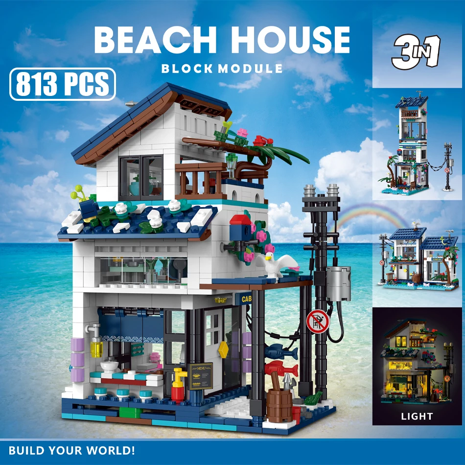 

MOC 3 in 1 Beachfront Villa City Street View Building Blocks with LED Light Modern Villa Architecture Bricks Toys for Kids Gifts