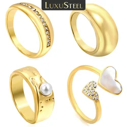 LUXUSTEEL Stainless Steel Heart Shell Cubic Zirconia Engagement Rings For Women Vintage Jewelry Round Circle Fingers Rings Party