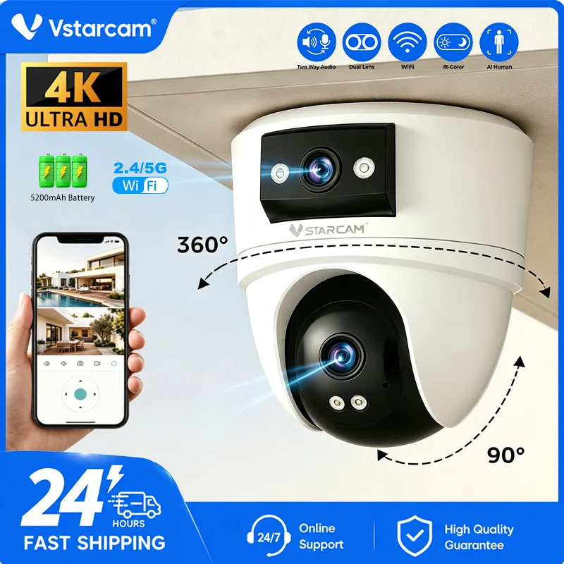 Telecamera di sicurezza per esterni con doppia lente, risoluzione 8MP 4K, connettività Wi-Fi, funzione PTZ e alimentazione a batteria, con rotazione a 360 gradi. ° Telecamera CCTV wireless per la