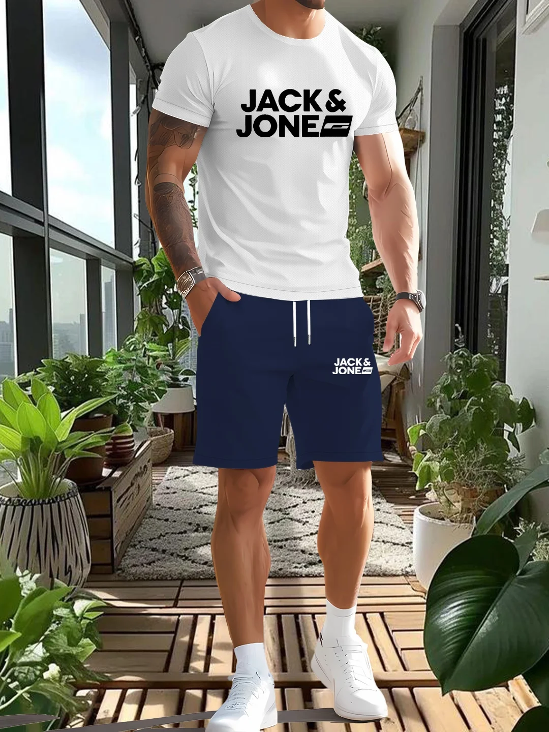 

Мужской повседневный летний комплект с короткими рукавами — изготовлен из дышащего полиэстера с принтом высокой четкости, стильный круглый.