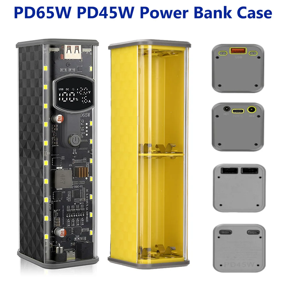 PD65W PD45W Transparent Power Bank Case 8 Cell 18650 DIY Power Bank Case Kit Fast Charging Battery Holder Case with LED Light