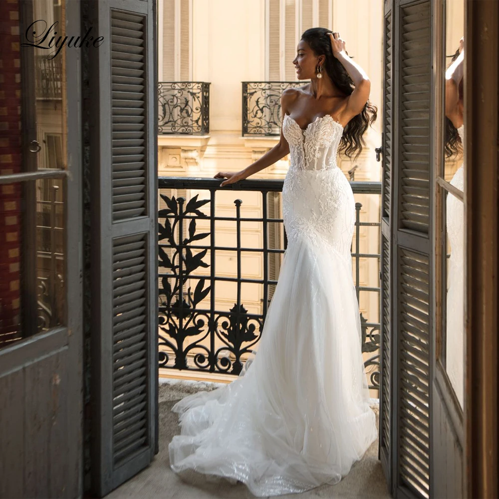 

Liyuke Elegant Sweetheart Mermaid Wedding Dresses Beading Pearls Appliques Lace Off The Shoulder Trumpet Bridal Gowns