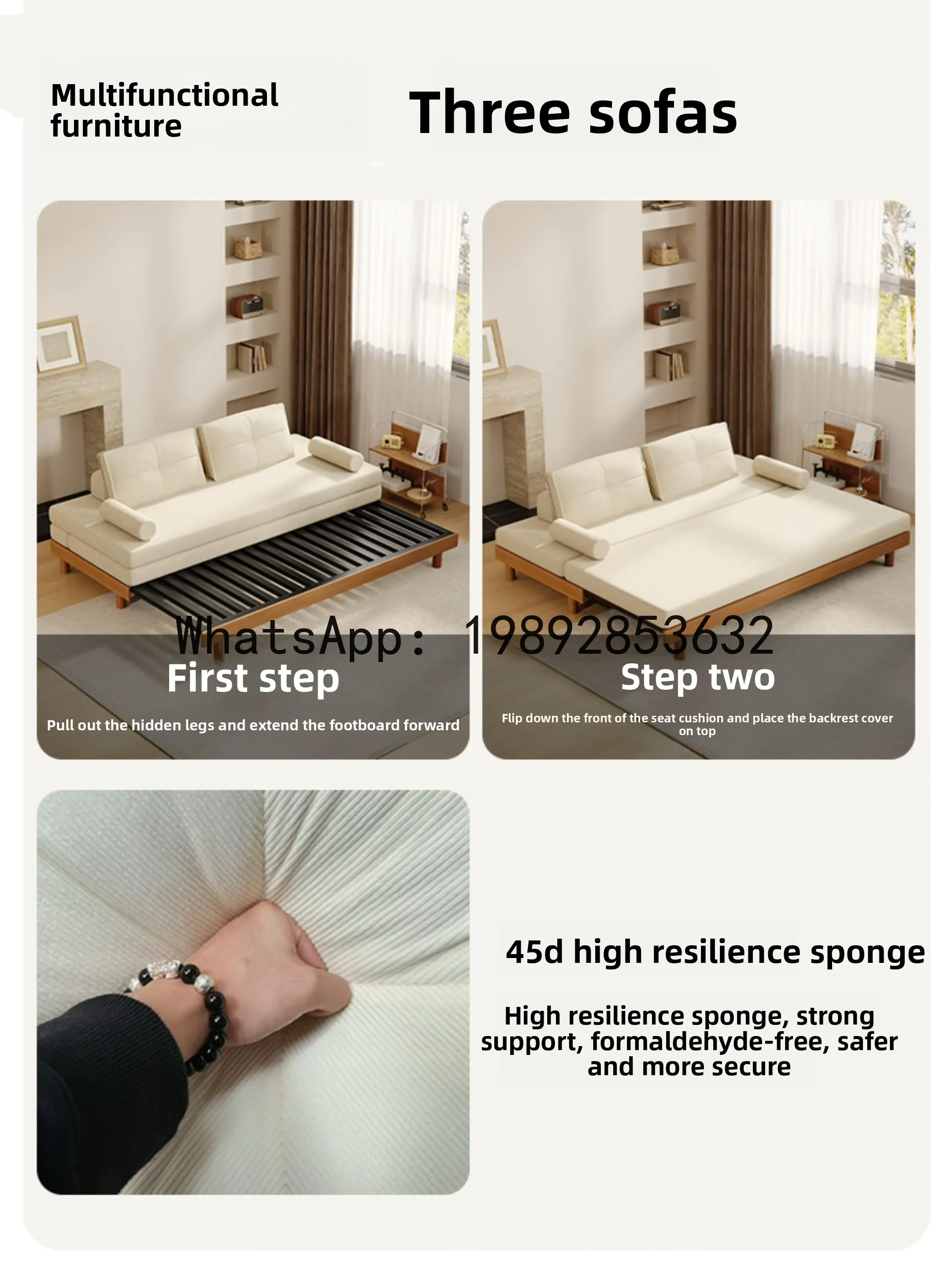 Multifunctional Solid Wood Carbon Steel Fabric Living Room Foldable Extendable Sofa Bed Combo