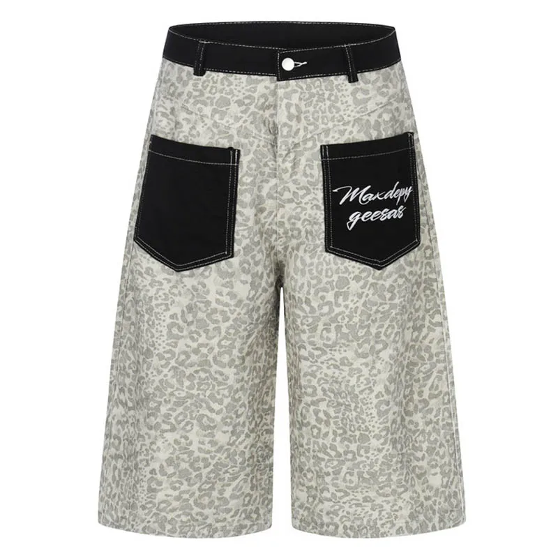 Lepoard Printed Hip Hop Jeans Shorts Sreetwear Vintgae Loose Denim Shorts For Male LMulti Pockets view 3
