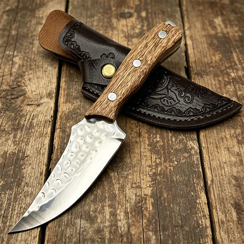 Cuchillo de Cocina Forjado a Mano, Cuchillo de Carnicero de Acero Inoxidable con Funda de Cuero para Camping, Caza y Cocina